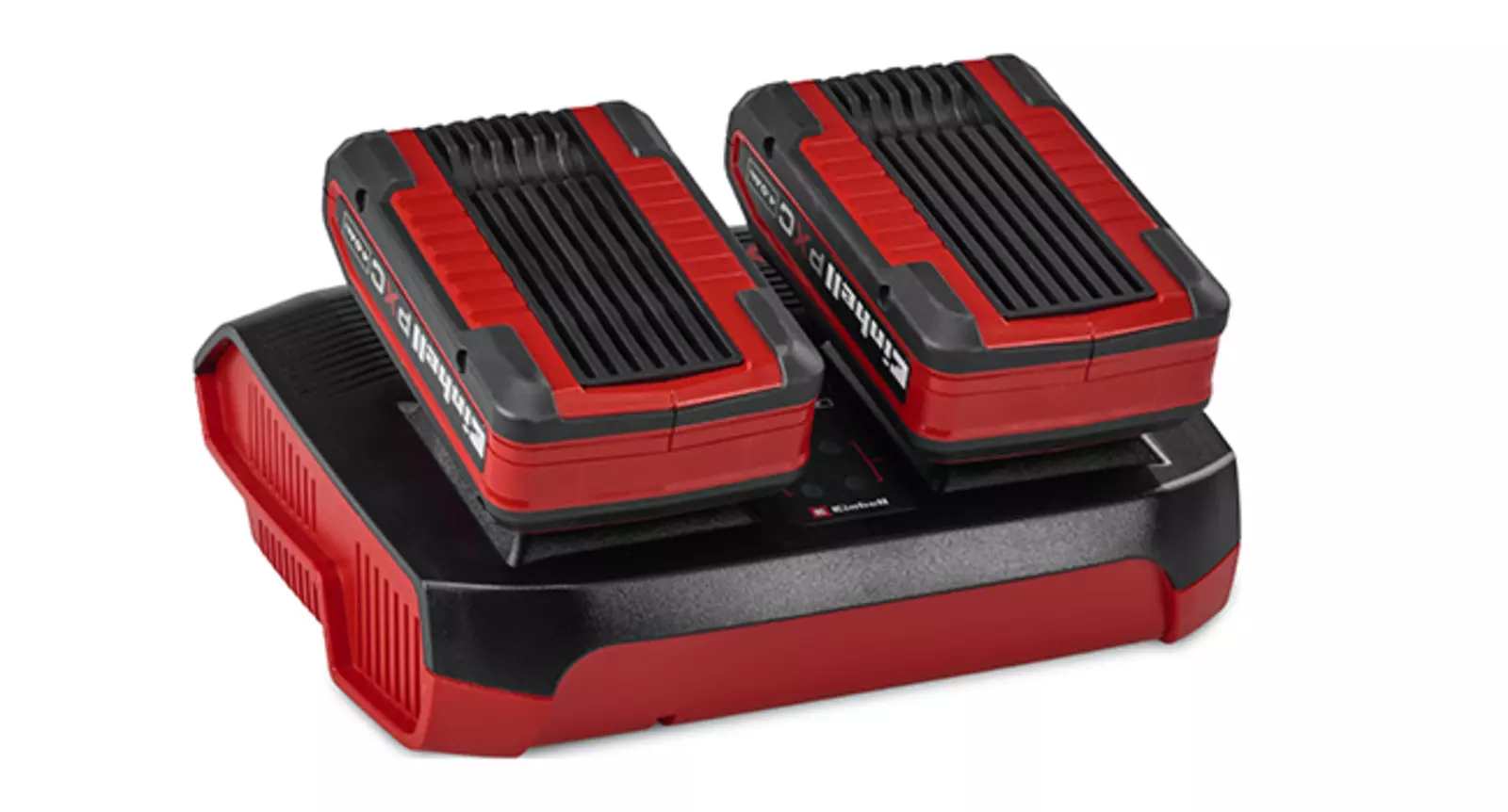 Der Einhell Power X-Twincharger 4A lädt zwei Akkus gleichzeitig; Produkt auf weißem Hintergrund.