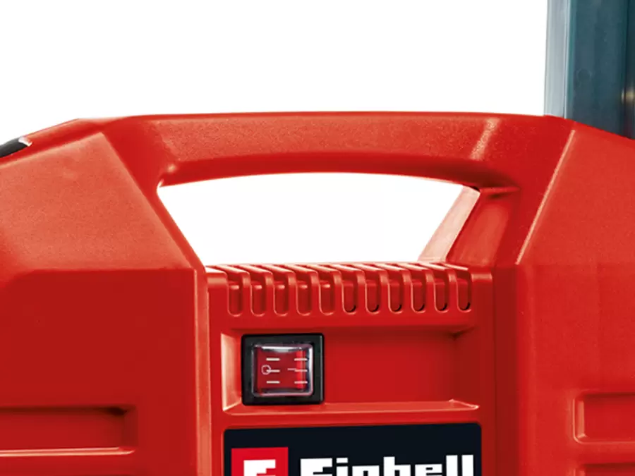 Detail of the Einhell case compressor TC-AC 190 OF Set with carrying handle and on/off switch.