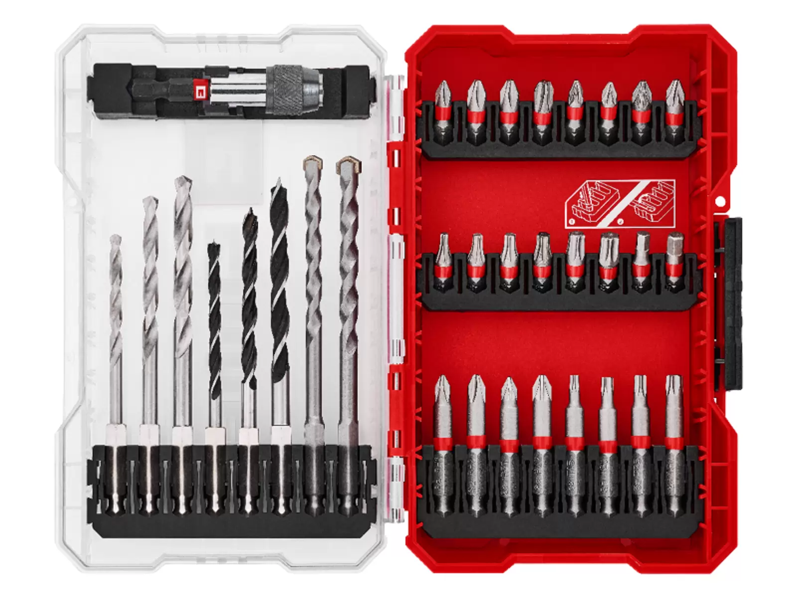 Open red Einhell M-Case with drill bits, screwdriver bits and bit holder.