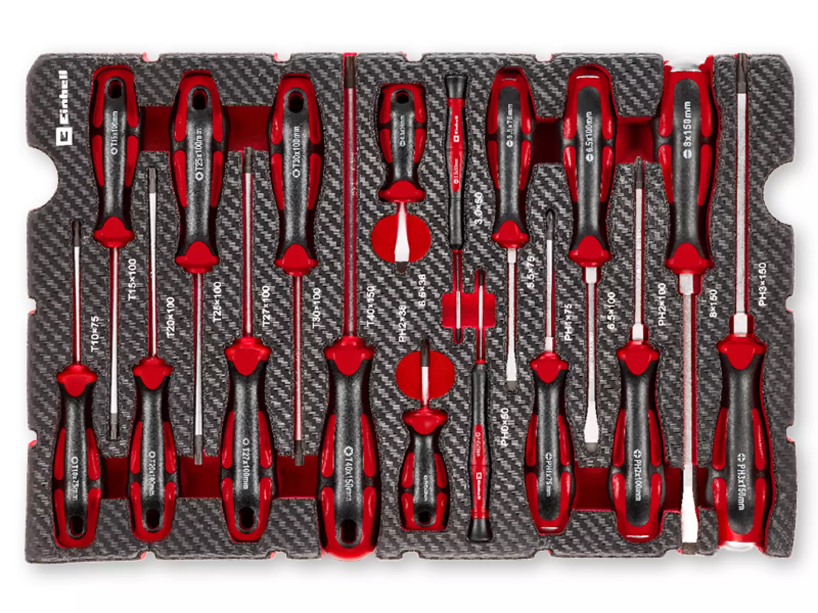 Top view of an Einhell tool pad in carbon look with 17 different red and black screwdrivers, all marked with printed size.