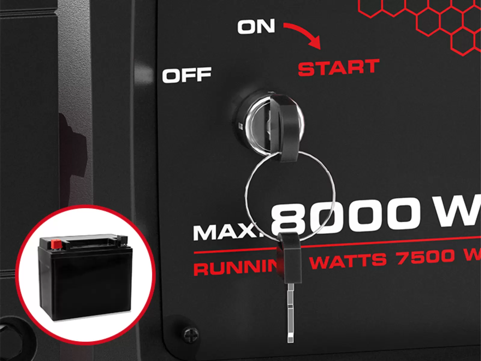 Close-up of the ignition switch on the Einhell TC-PG 8000 power generator with starter battery shown in the inset.