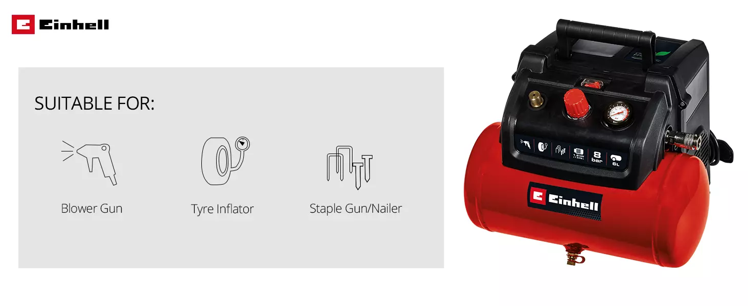 The Einhell compressor TC-AC 190/6/8 OF with red 6-litre tank and black housing is shown on the right. On the left, a graphic overview with icons and text: suitable for blow gun, tyre inflator and stapler/nailer. The Einhell logo is at the top left.