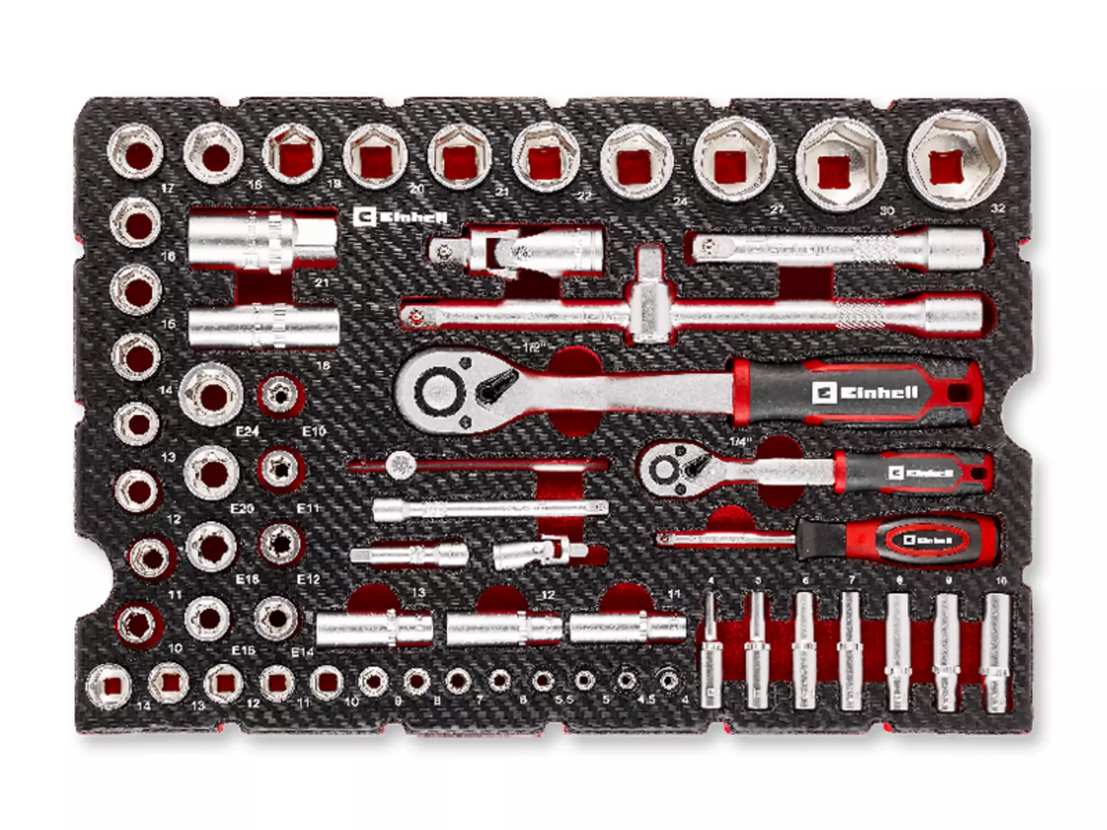 Organised insert with 60 Einhell tool parts in carbon look; top view of ratchets, sockets, extensions, bits and adapters.
