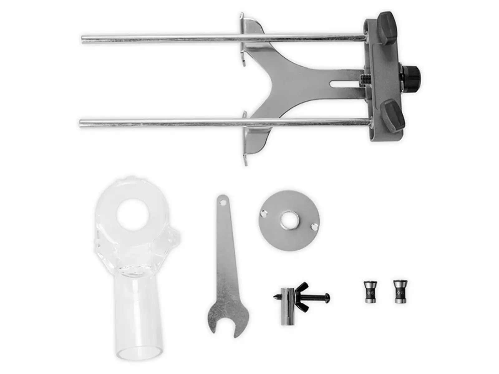 Scope of delivery of the Einhell TP-RO 1400 E router: rip fence, extraction adapter, open-end wrench, copying sleeve, centring pin, collets and fixing screws.