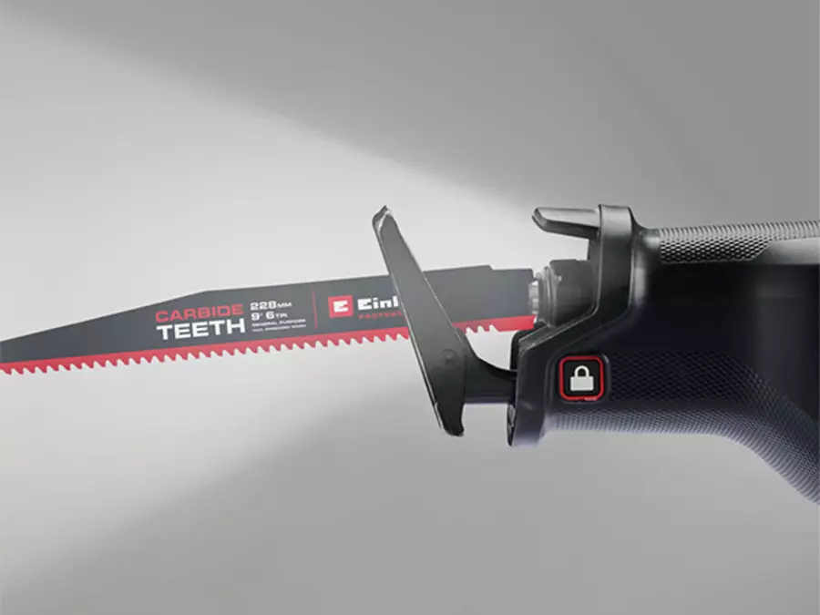 The Einhell cordless universal saw TP-AP 18/32 BL BREAKER Kit with LED light illuminating the saw blade.