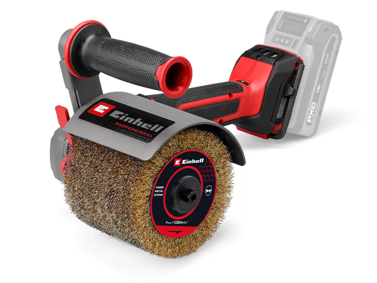 The Einhell cordless brush grinder TP-BR 18/32 Li BL - Solo with mounted wire brush on white background; battery not included and shown grayed out.