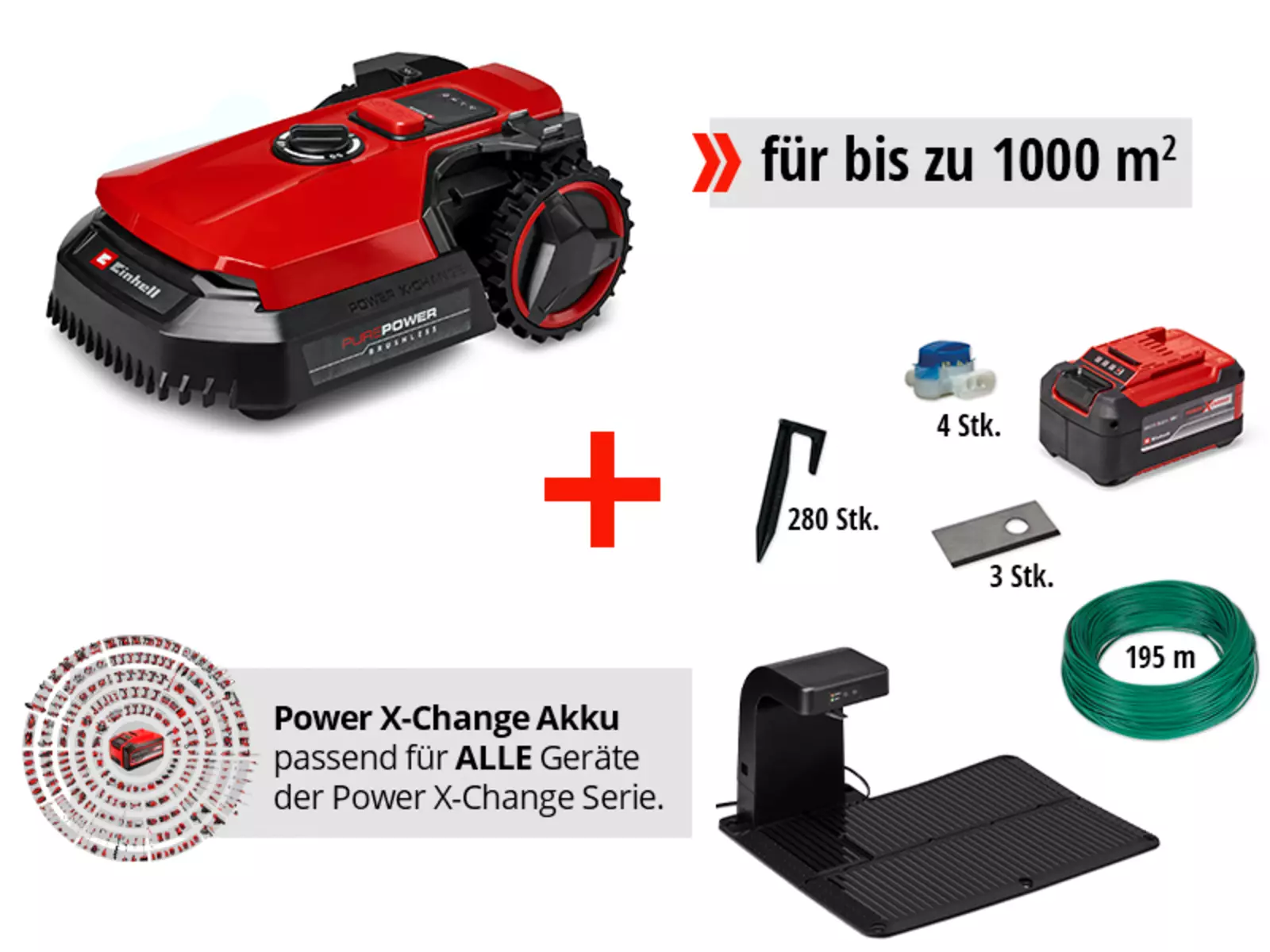 El Einhell robot cortacésped FREELEXO 1000 con accesorios: batería, estación de carga, 280 ganchos de fijación, 195 m de cable delimitador, 3 cuchillas y 4 conectores de cable; adecuado para superficies de césped de hasta 1000 m².
