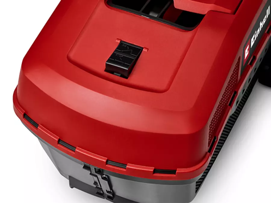 Rear view of the Einhell cordless lawn mower GE-CM 18/30-1 Li BL-Solo with grass collector and level indicator.