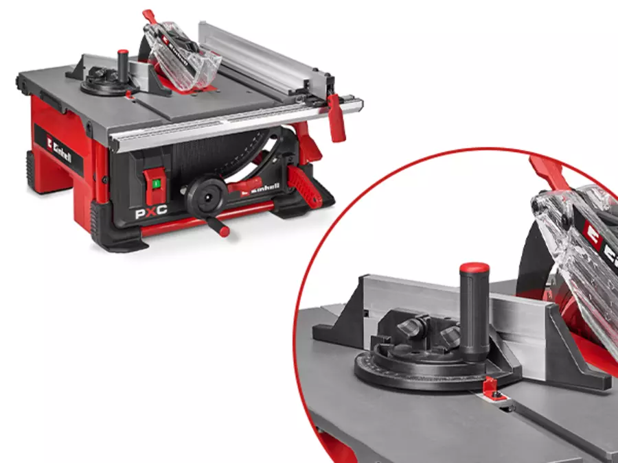 Die Einhell Akku-Tischkreissäge TE-TS 36/8 T Li-Solo mit Winkelanschlag; Detailansicht des Anschlags in der Vergrößerung.