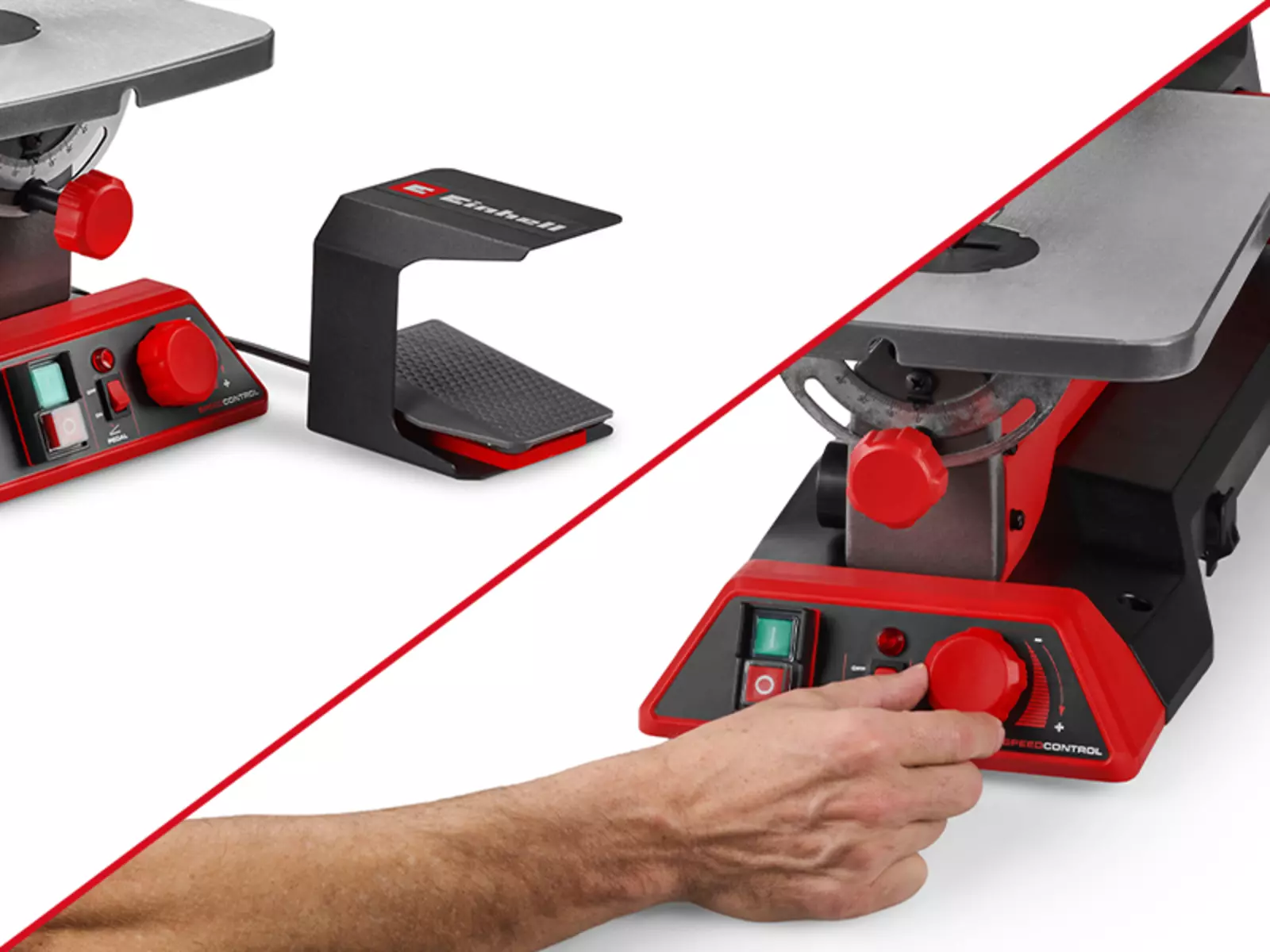 A split-screen image of the Einhell scroll saw TE-SS 406 Vario FP , featuring speed adjustment via a dial and foot pedal, on a white background.