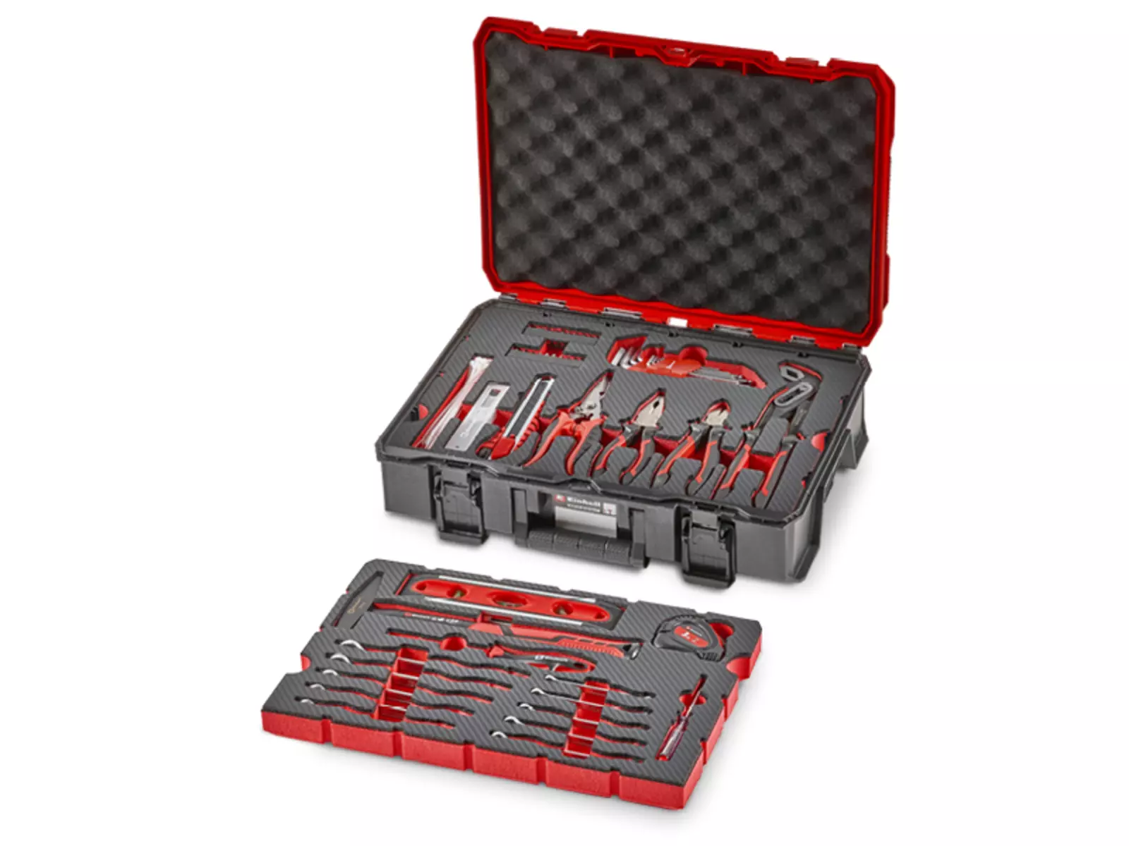 Open Einhell “Relocation” tool case with 79 tools, insert removed. Visible: pliers, screwdrivers, hammer, tape measure and spirit level.