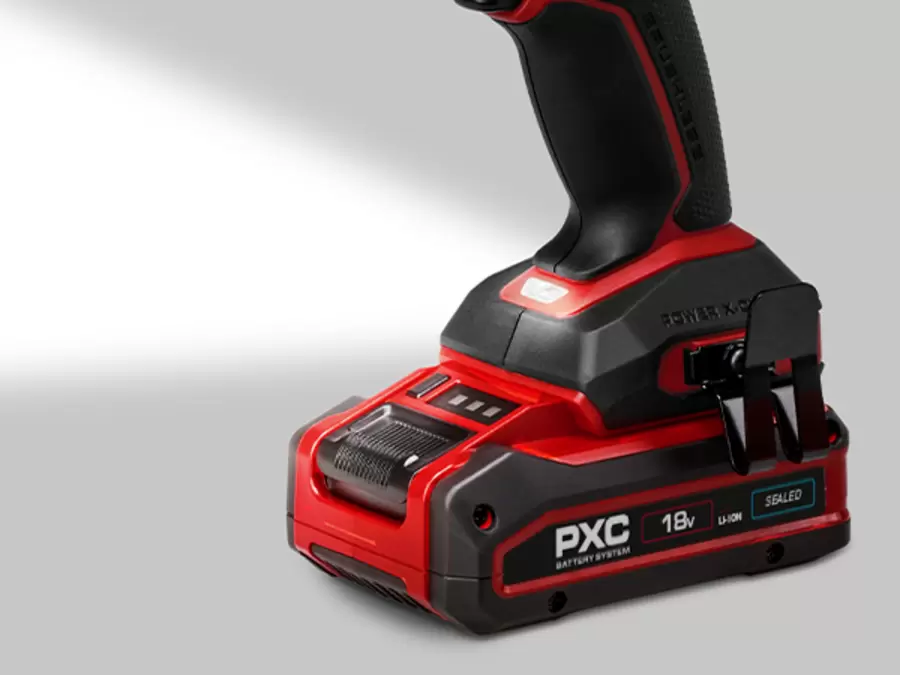 The Einhell Cordless Impact Driver TP-CI 18/250-C Li BL – Solo standing upright with battery attached.