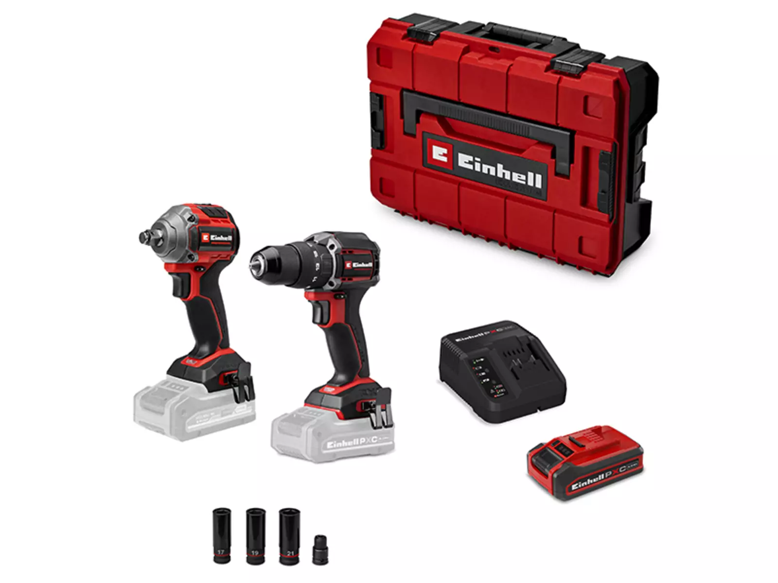 The set consisting of the Professional cordless impact drill TP-CD 18/70-C Li-i BL and the Professional cordless impact driver TP-CW 18/260-C Li BL including battery, charger, sockets and case against a light background.