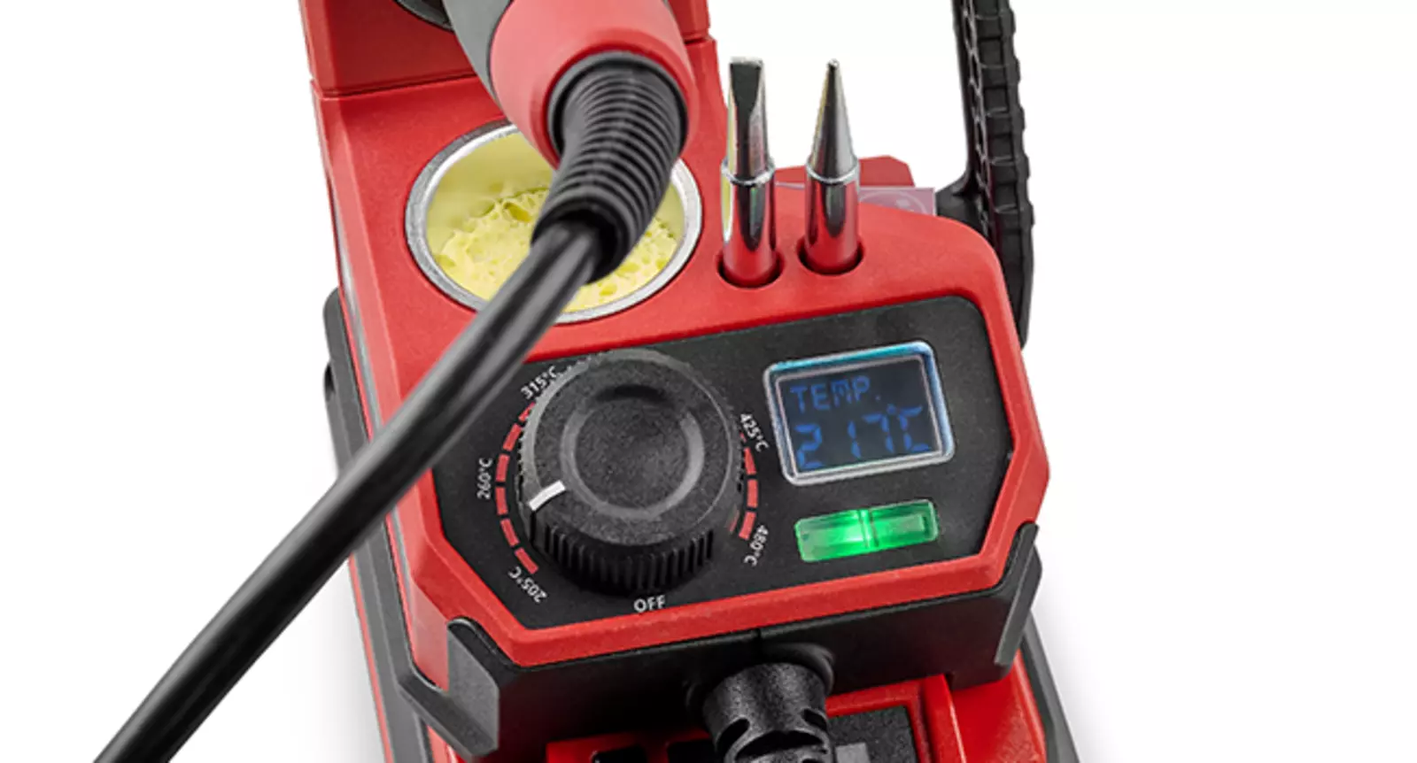 Close-up of the status and temperature display of the Einhell cordless soldering iron TE-SI 18/480 Li E - Solo featuring a digital screen and indicator.