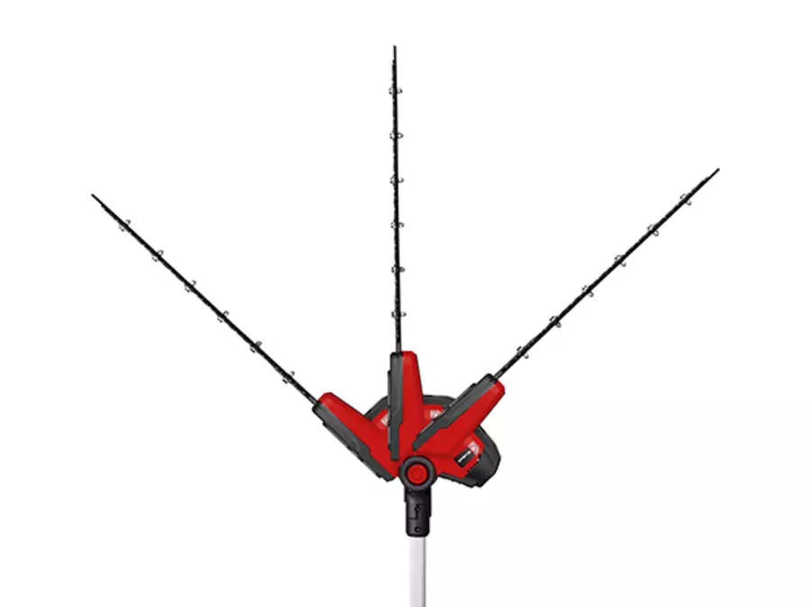 Der Heckenscheren-Aufsatz des Einhell Akku-Multifunktionswerkzeugs GC-HC 18/4520 Li T-Solo ist in drei unterschiedlichen Neigungswinkeln dargestellt.