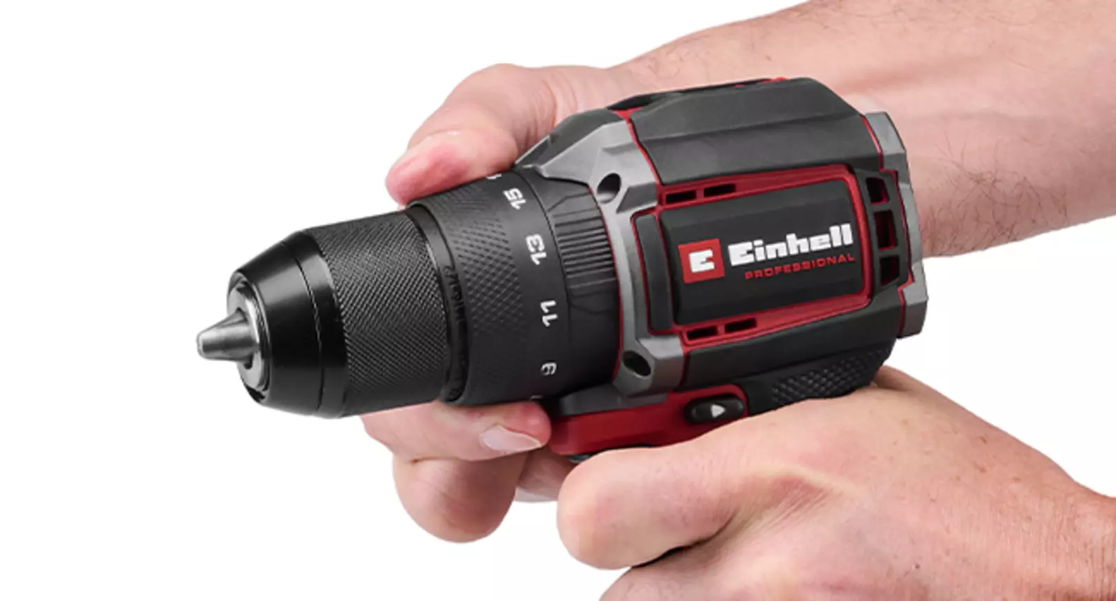 Two hands hold the Einhell Professional cordless impact drill TP-CD 18/50-C Li-i BL, the torque ring is set to level 15.