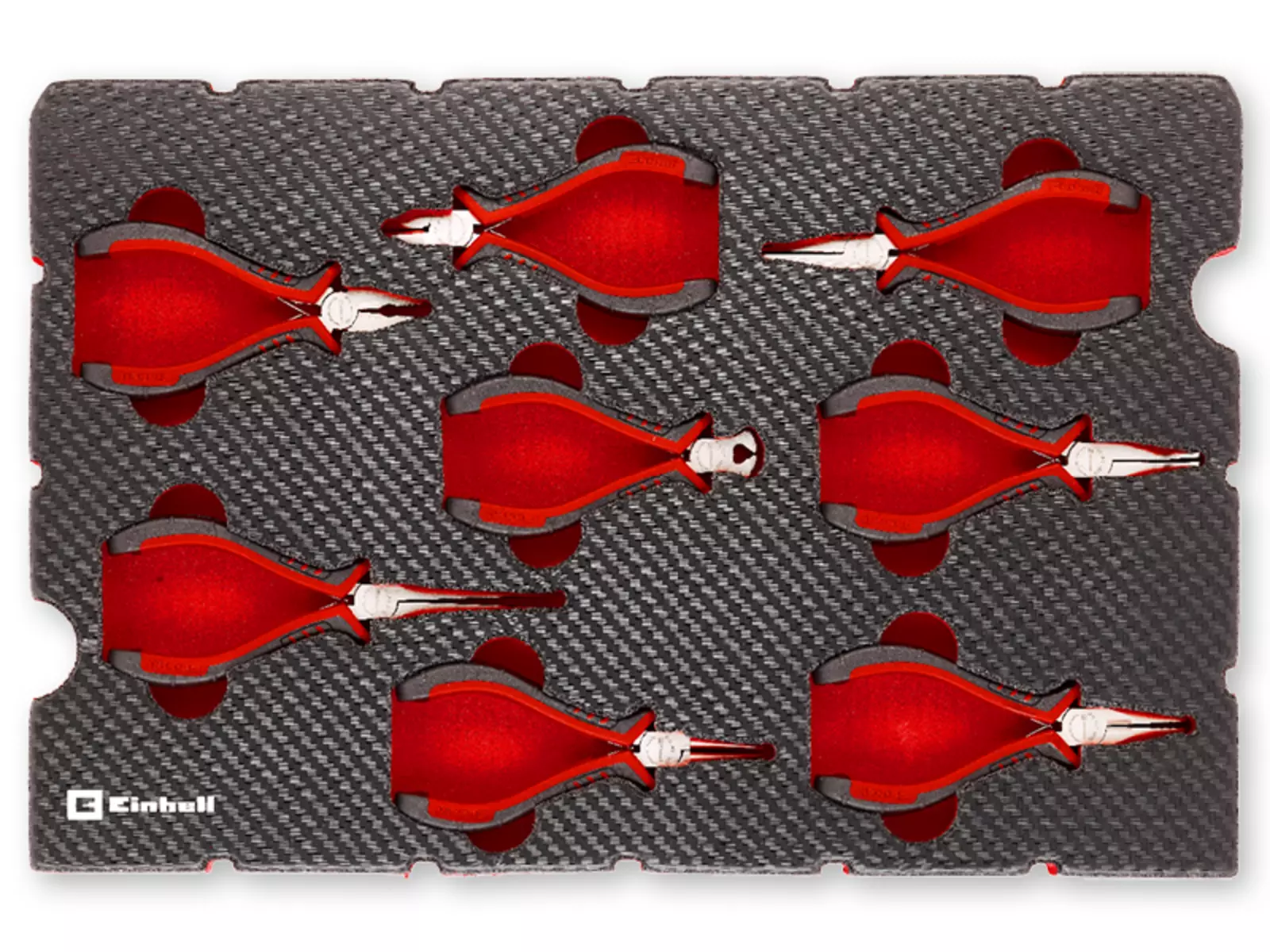 Top view of an Einhell tool pad in carbon look with 8 red and black precision pliers with different jaw shapes.