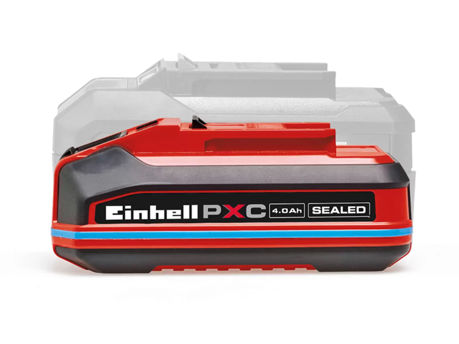 Der Einhell PXC+ SEALED Akku 4,0 Ah ist vor einem größeren Akku abgebildet.