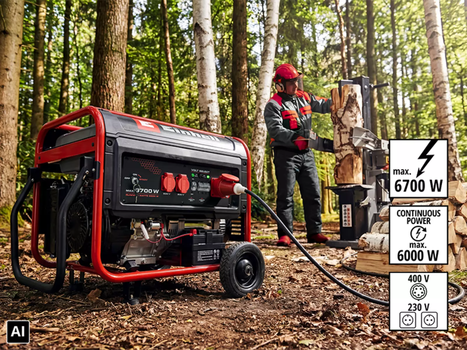 The Einhell TC-PG 6700 power generator supplies a log splitter with electricity in a forest. Text in image: “max. 6700 W”, “CONTINUOUS POWER max. 6000 W”, “400 V”, “230 V”.