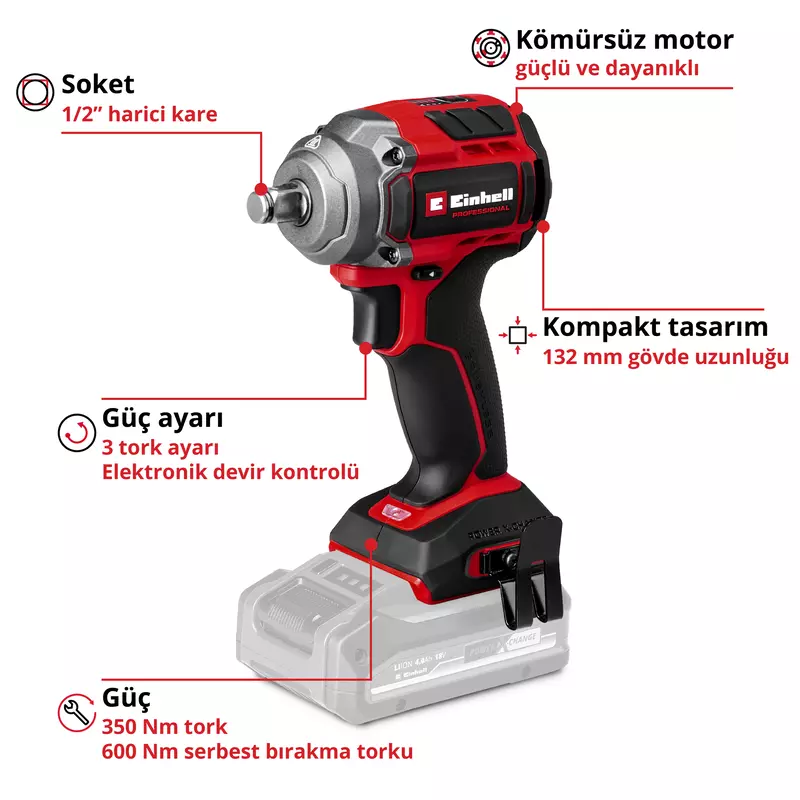 Einhell Akülü Darbeli Somun Sıkma TP-CW 18/350-C Li BL - Solo