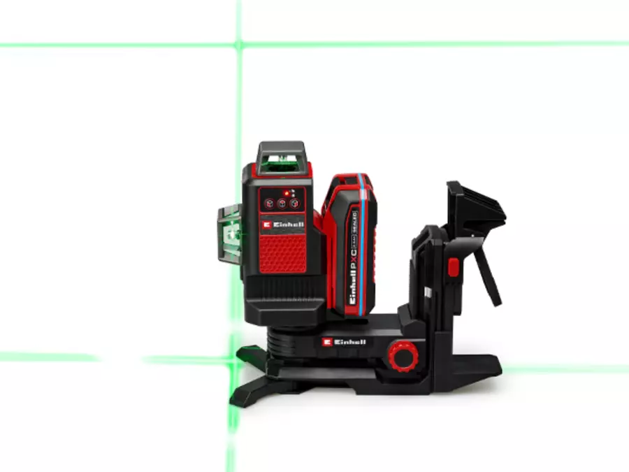 The Einhell cordless cross line laser TE-LL 18/360 G projects green laser lines on a white background.