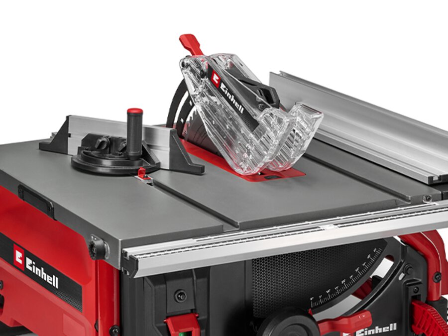 Close-up of the table of the Einhell table saw TE-TS 10 T with mounted saw blade and guard.
