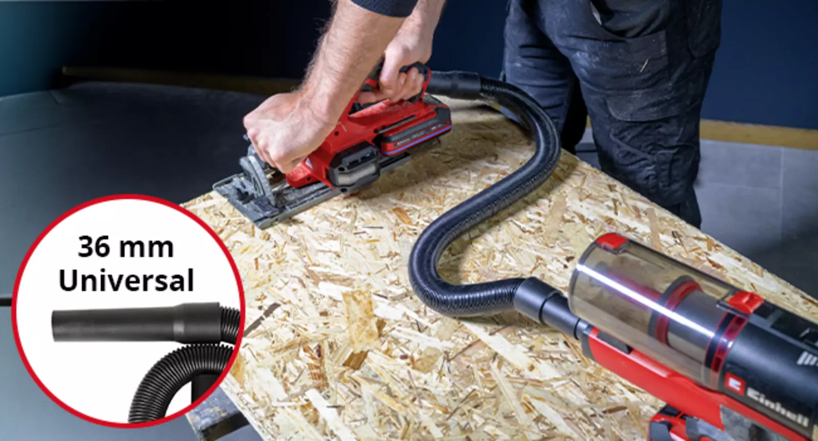 Einhell TE-SV 18 Li-Solo cordless stick vacuum cleaner with flexible suction hose attached, shown vacuuming sawdust from a circular saw; alongside, a close-up of the flexible suction hose on a white background.