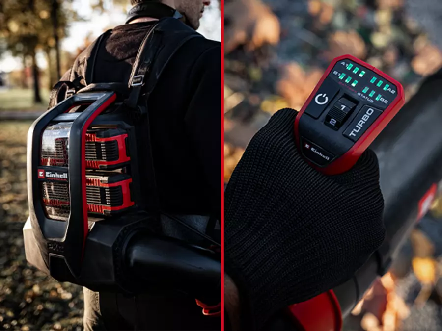 Split image showing the worn Einhell cordless leaf blower and a close-up of the LED display on the handle.
