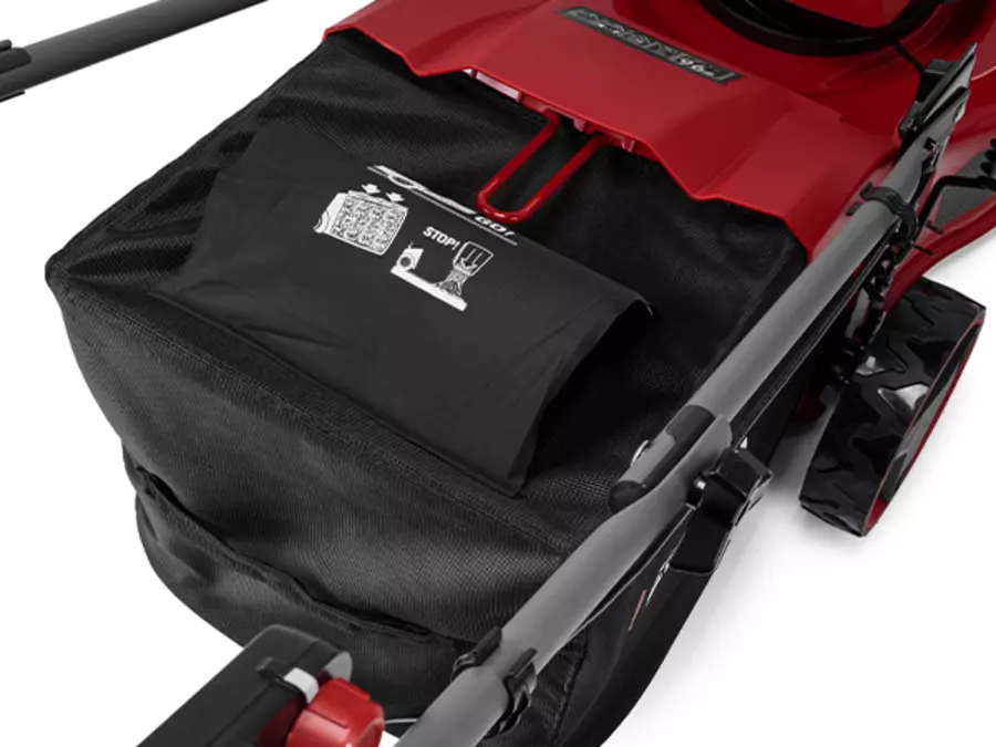 Close-up of the grass collection bag on the Einhell cordless lawn mower GC-CM 36/46 S Li BL (2x 4.0 Ah).