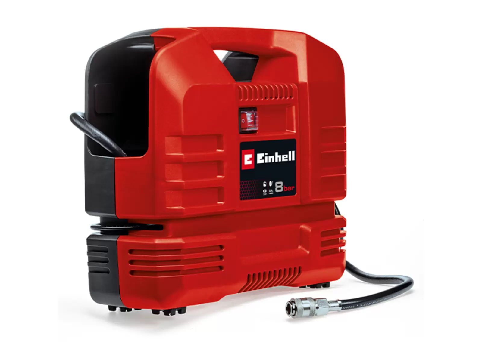 The Einhell case compressor TC-AC 190 OF Set with compressed air hose and connector on a white background.