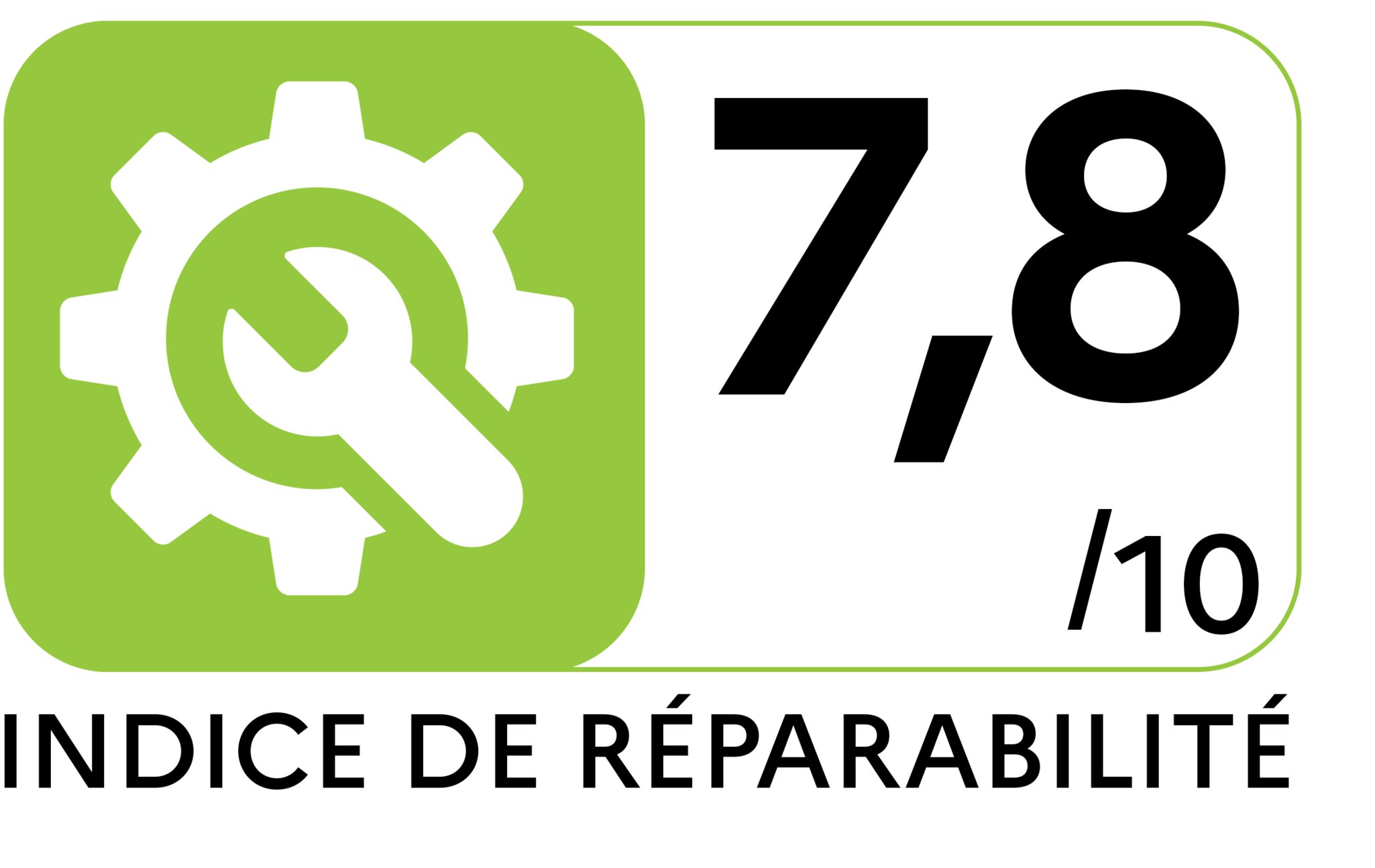 Logo de l'indice de réparation avec une roue dentée blanche et une clé à molette sur fond vert, à côté d'une note sur une échelle de 1 à 10. L'indice de réparation est de 7,8.