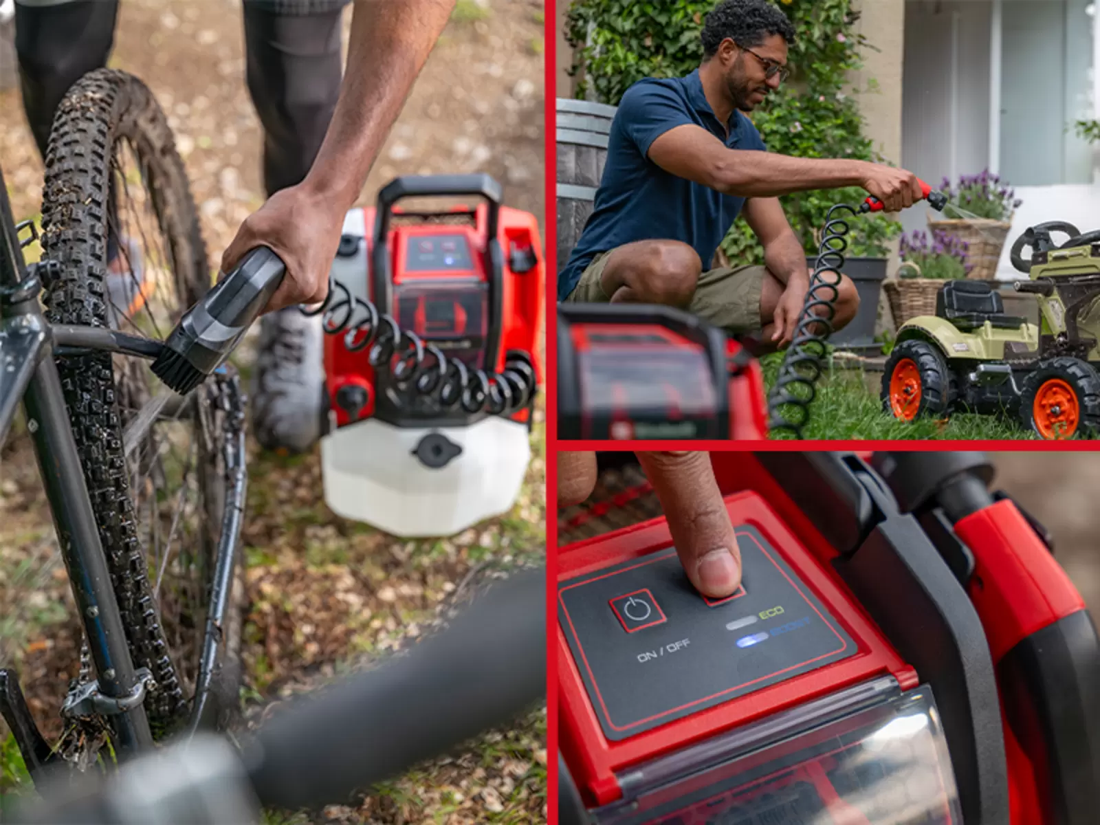 Three views show the Einhell cordless pressure cleaner TE-HP 18/10 Li D-Solo cleaning a bicycle and a toy car, plus the pressure setting controls on the device.