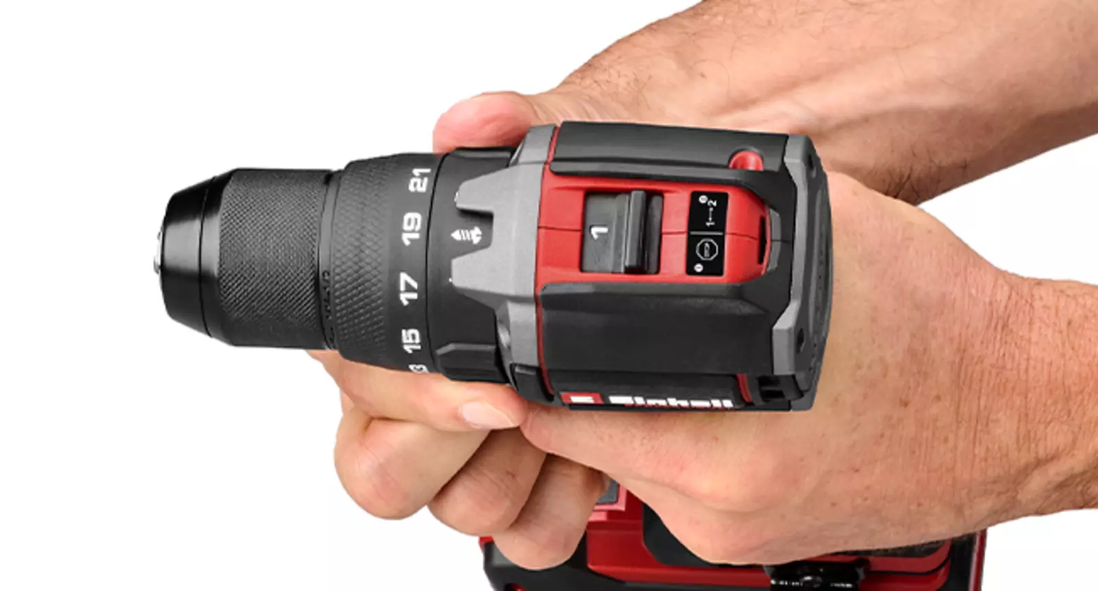 The Einhell Cordless Impact Drill Driver TP-CD 18/70-C Li-i BL - Solo held in hand, function selector with 3 settings visible.