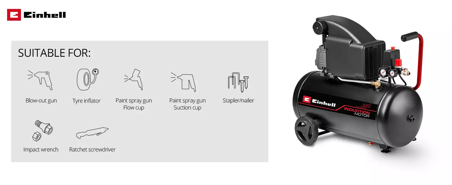 The Einhell TC-AC 270/50/10 compressor with accessory graphic, suitable for blow guns, tyre inflators, paint spray guns, tackers, ratchet wrenches and impact wrenches.