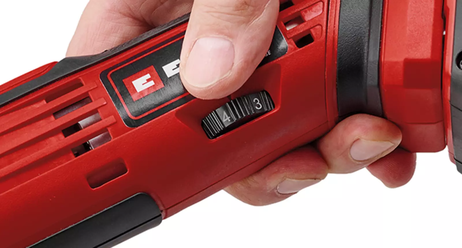 The electronic speed control of the Einhell cordless multifunctional tool TE-MG 18/1 Li Kit with red slider.