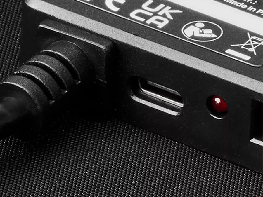 Detail view of a USB-C port on the Einhell solar panel with adjacent LED indicator.