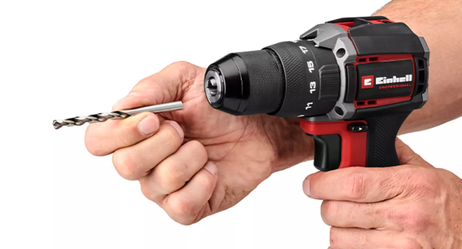 A user changes the drill bit on the Einhell Cordless Impact Drill Driver TP-CD 18/70-C Li-i BL - Solo using the keyless chuck.