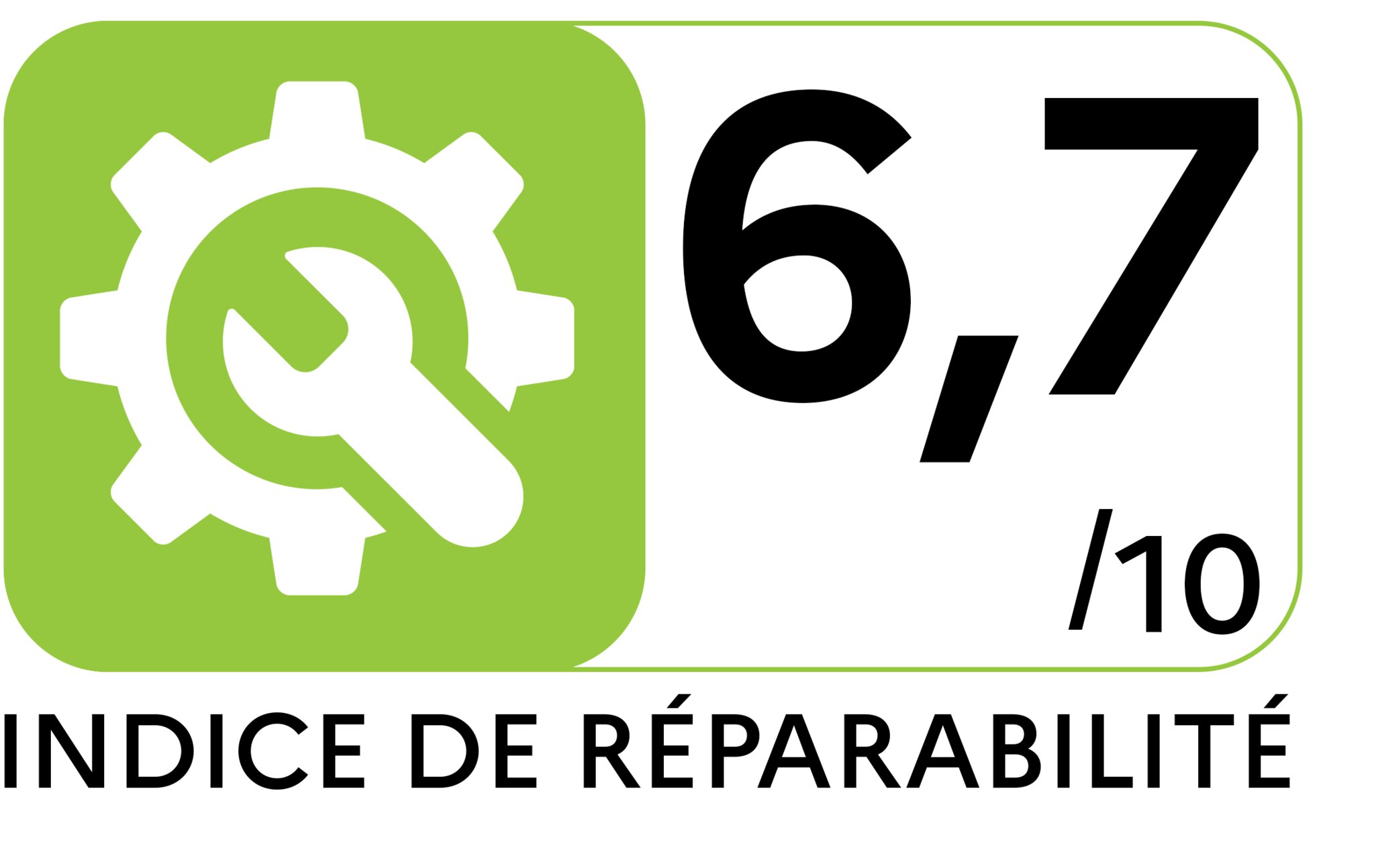 Repairability index logo with a white gear and wrench on a green background, next to a score on a scale from 1 to 10. The repairability index amounts 6,7.