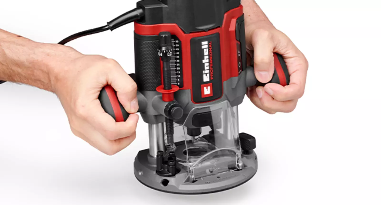 The Einhell TP-RO 1400 E router with double tube guide on both sides for stable and precise routing movements.