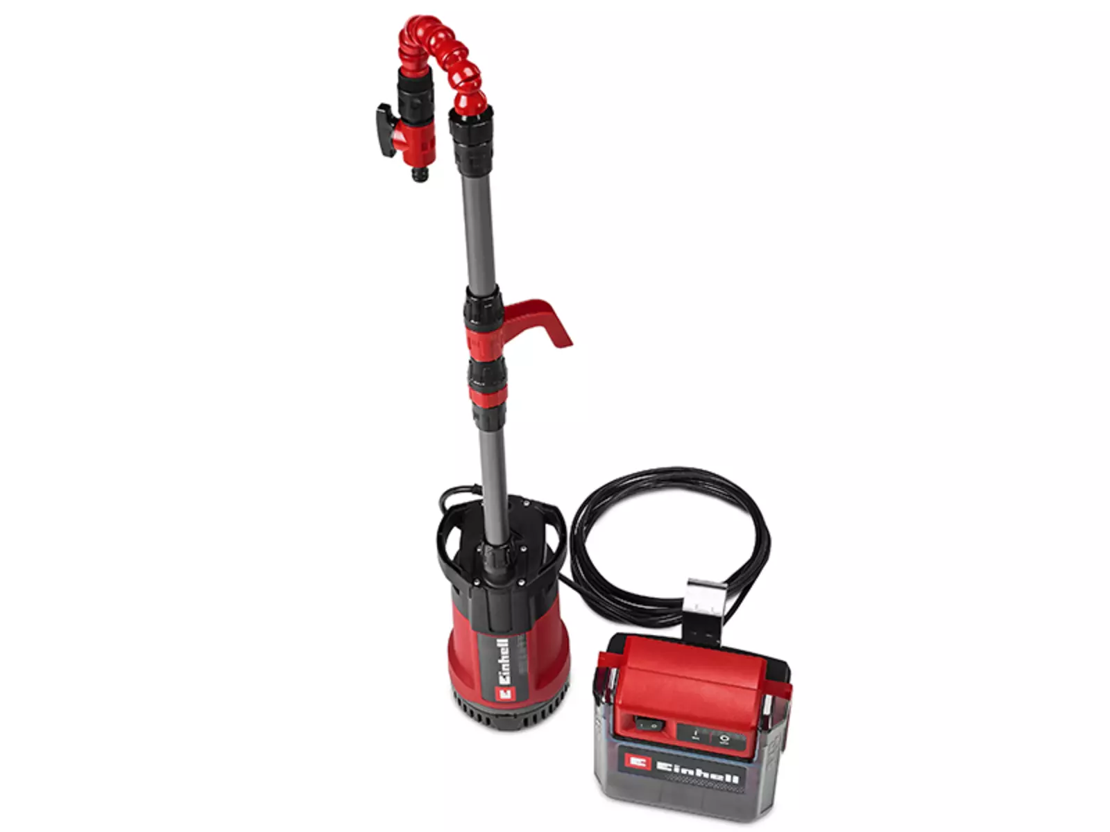 The Einhell cordless clear water pump GE-PP 36 RB-A Li-Solo with long suction pipe, flexible outlet and battery box on a white background.