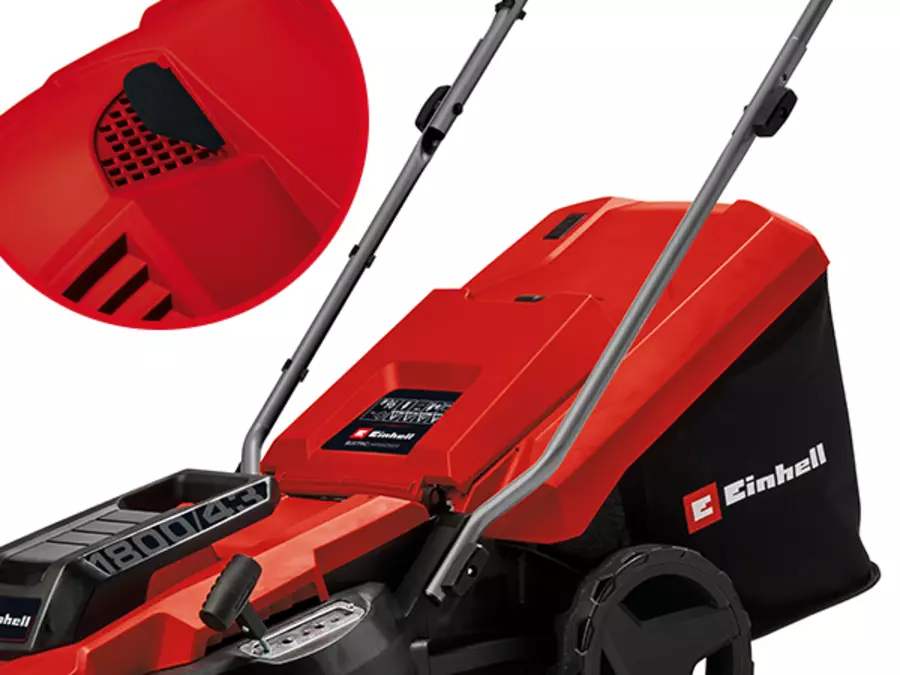 The Einhell electric lawn mower GC-EM 1800/43 with attached grass collection bag in red design.