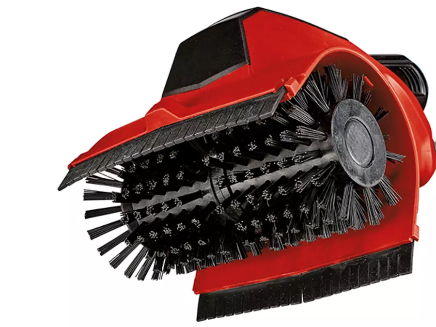 Underside of the Einhell cordless surface brush PICOBELLA 18/215 with inserted brush and visible cleaning bristles.