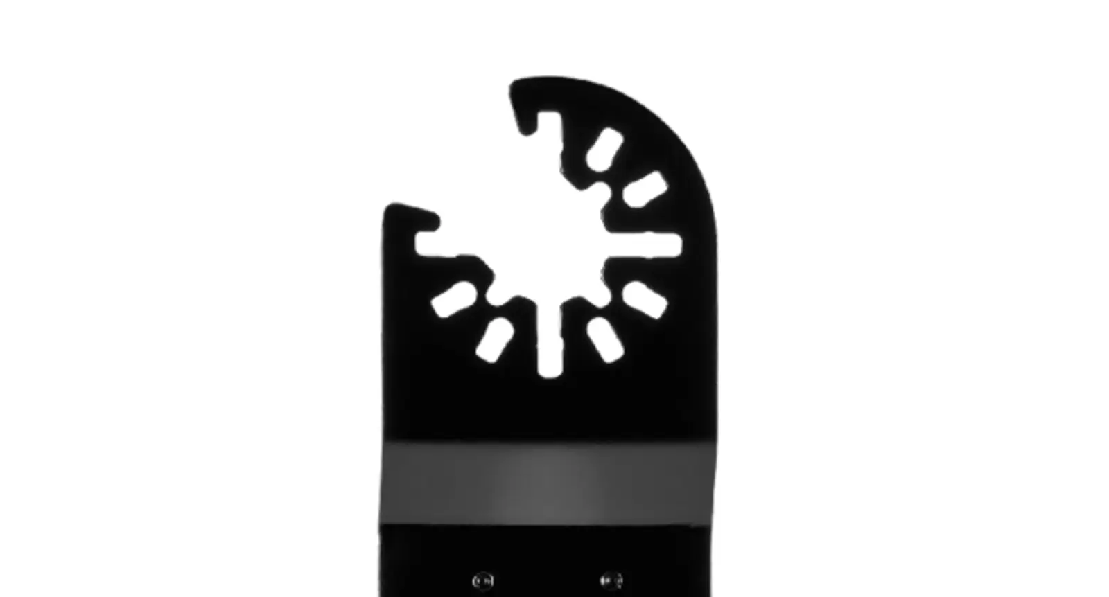 Detailed view of the star-shaped open-back mount of an Einhell HM plunge saw blade for common multitools, excluding Starlock machines.