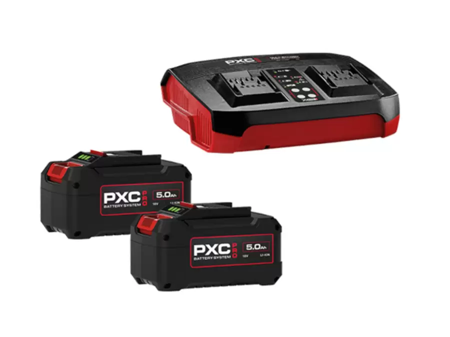 Two Einhell 5.0 Ah batteries and a 4A Twin charger for the Brushless 36V 470mm Self-Propelled Steel Deck Lawn Mower Kit on a white background.