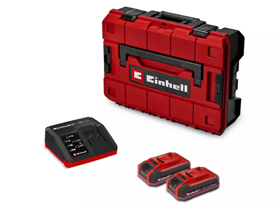 The scope of delivery of the Einhell Professional cordless impact drill TP-CD 18/50-C Li-i BL (2x3Ah) consisting of a red case with the text "Einhell Professional", a charger, and two batteries on a white background.