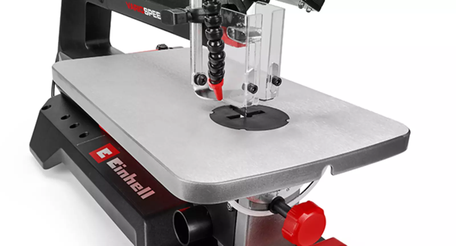 The Einhell scroll saw TE-SS 406 Vario FP with a solid workbench, shown against a white background.