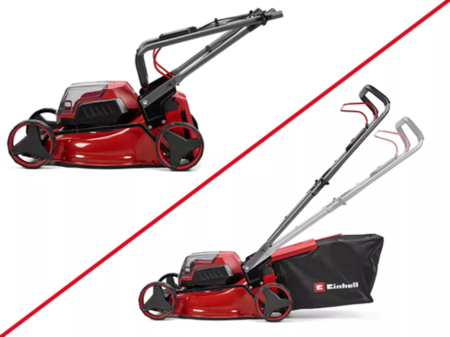 Imagem em duas partes do Einhell corta-relva a bateria com forquilha de direção rebatida e erguida, que é ajustável em altura.
