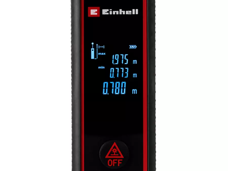 O visor LCD iluminado do Einhell medidor de distância a laser TC-LD 40 R mostra os resultados e símbolos de medição.