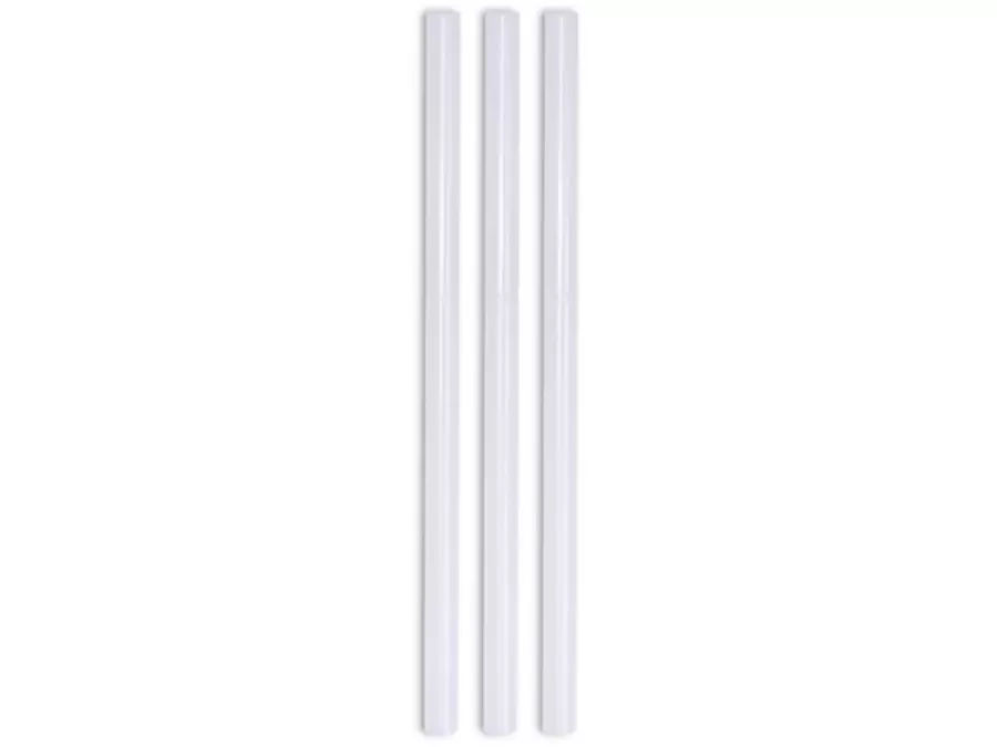 Three transparent glue sticks, which are included in the delivery of the Einhell cordless hot glue gun TE-CG 18/7 Li.