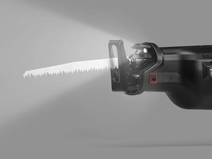 Die Einhell Akku-Universalsäge TP-APD 18/321 Li BL +6 S-F mit eingeschaltetem LED-Licht an der Vorderseite.